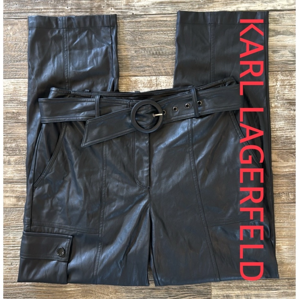 Karl Lagerfeld Paris Womens Faux Leather Belted Straight Leg Pants, Size 8